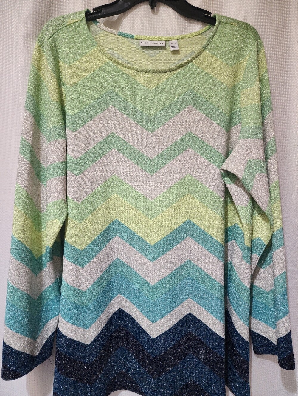 Susan Graver XL Lurex Lightweight Stretch Knit Sweater Chevron Print Green Jade